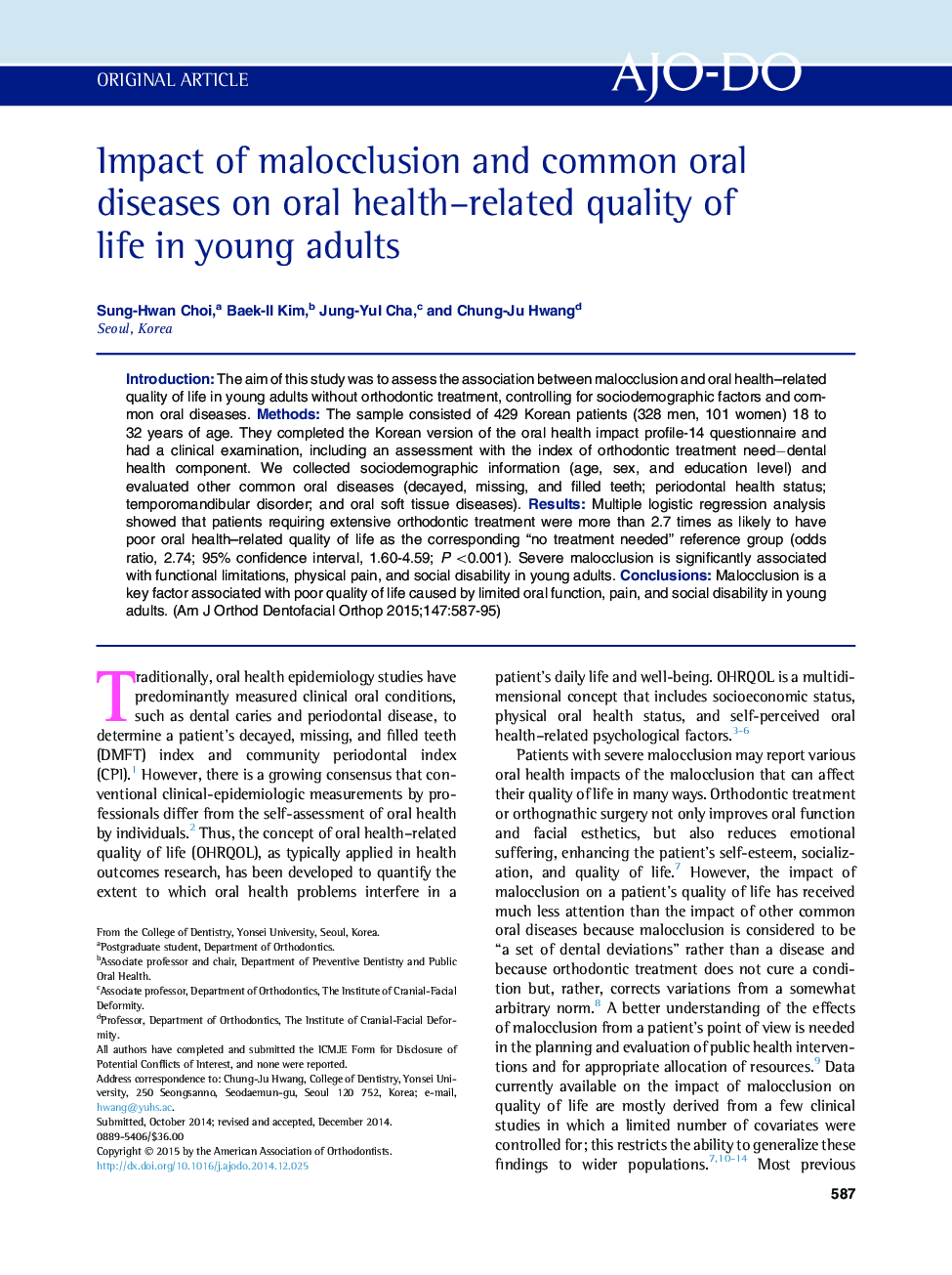 Impact of malocclusion and common oral diseases on oral health–related quality of life in young adults 