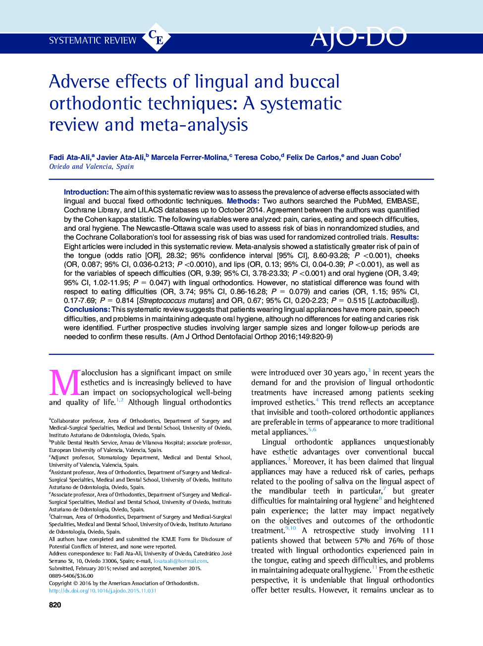 Adverse effects of lingual and buccal orthodontic techniques: A systematic review and meta-analysis 