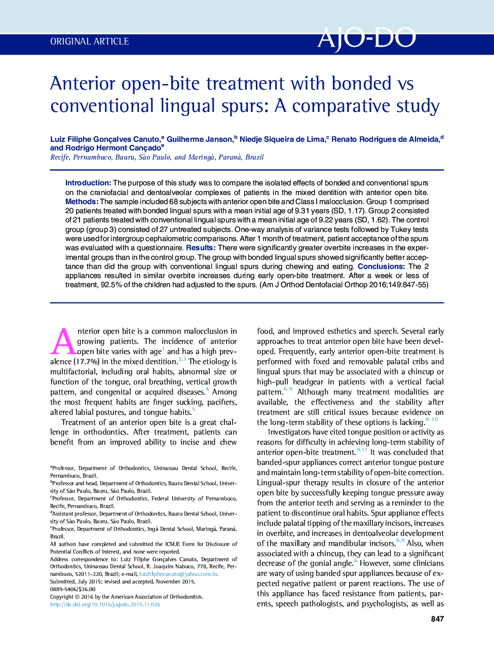 Anterior open-bite treatment with bonded vs conventional lingual spurs: A comparative study 