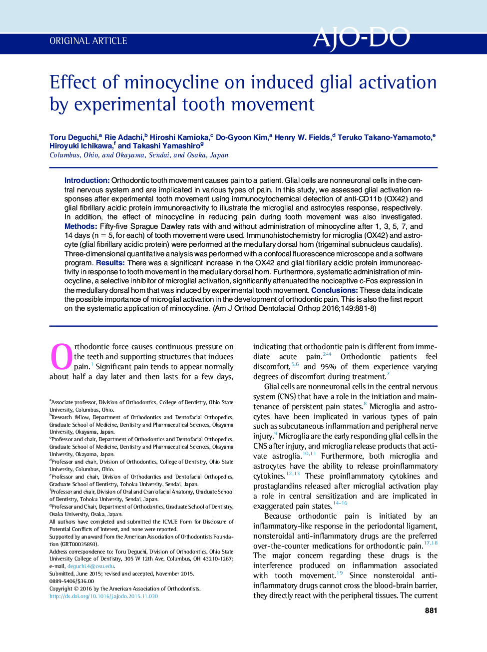 Effect of minocycline on induced glial activation by experimental tooth movement 