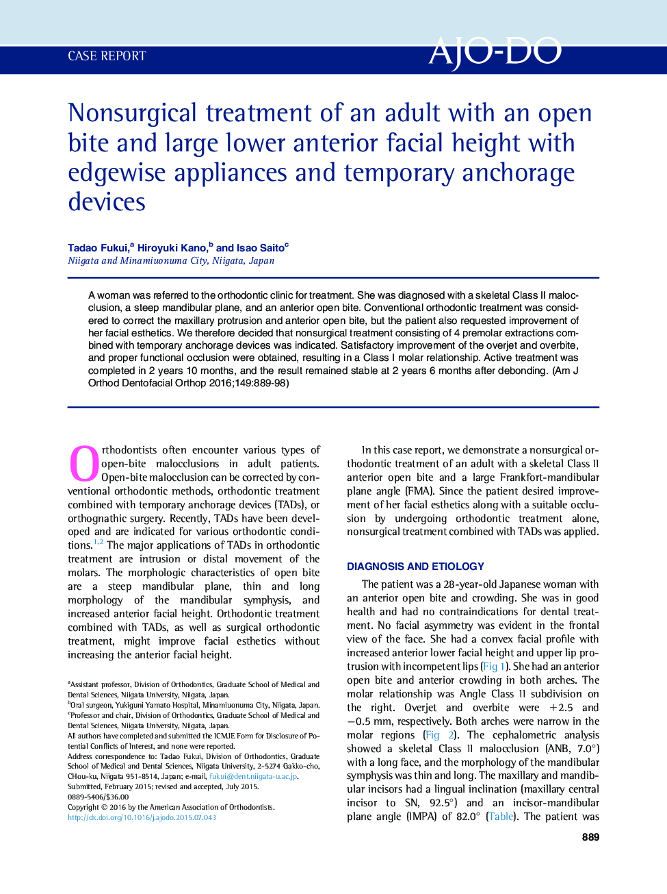 Nonsurgical treatment of an adult with an open bite and large lower anterior facial height with edgewise appliances and temporary anchorage devices 