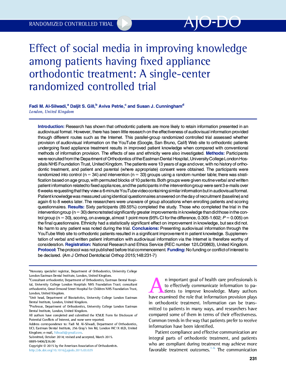 Effect of social media in improving knowledge among patients having fixed appliance orthodontic treatment: A single-center randomized controlled trial