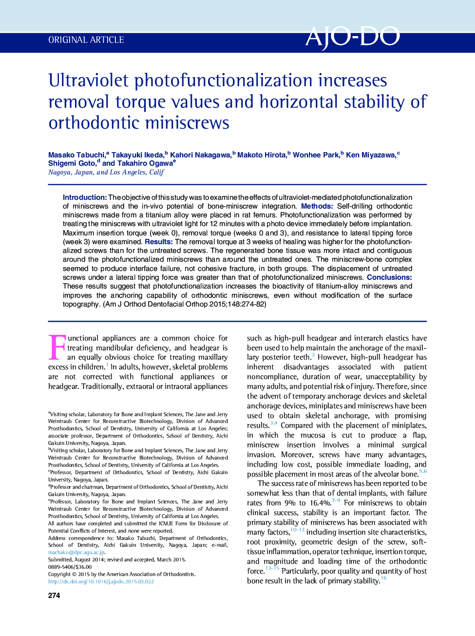 Ultraviolet photofunctionalization increases removal torque values and horizontal stability of orthodontic miniscrews 