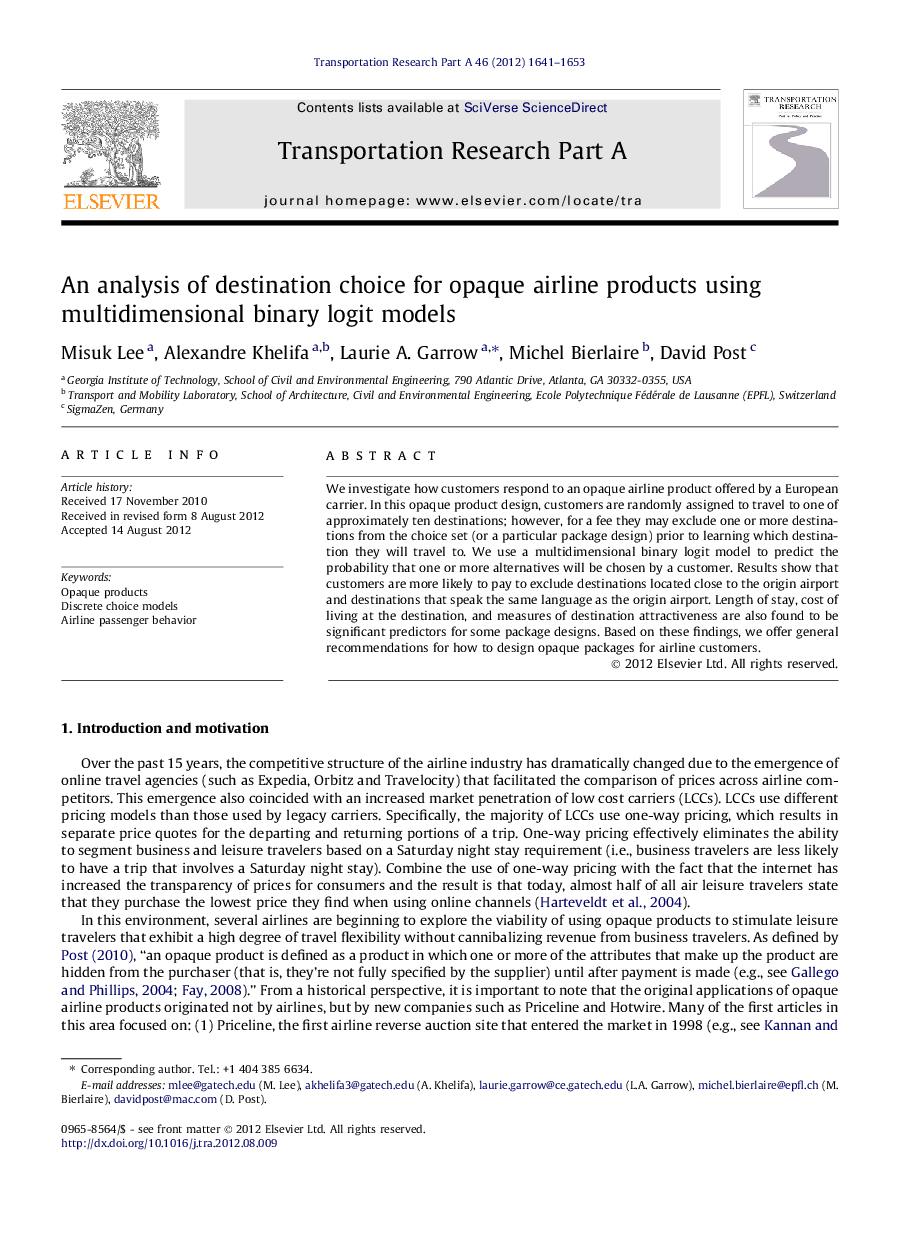 An analysis of destination choice for opaque airline products using multidimensional binary logit models