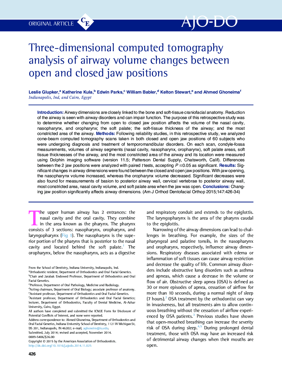 Three-dimensional computed tomography analysis of airway volume changes between openÂ and closed jaw positions