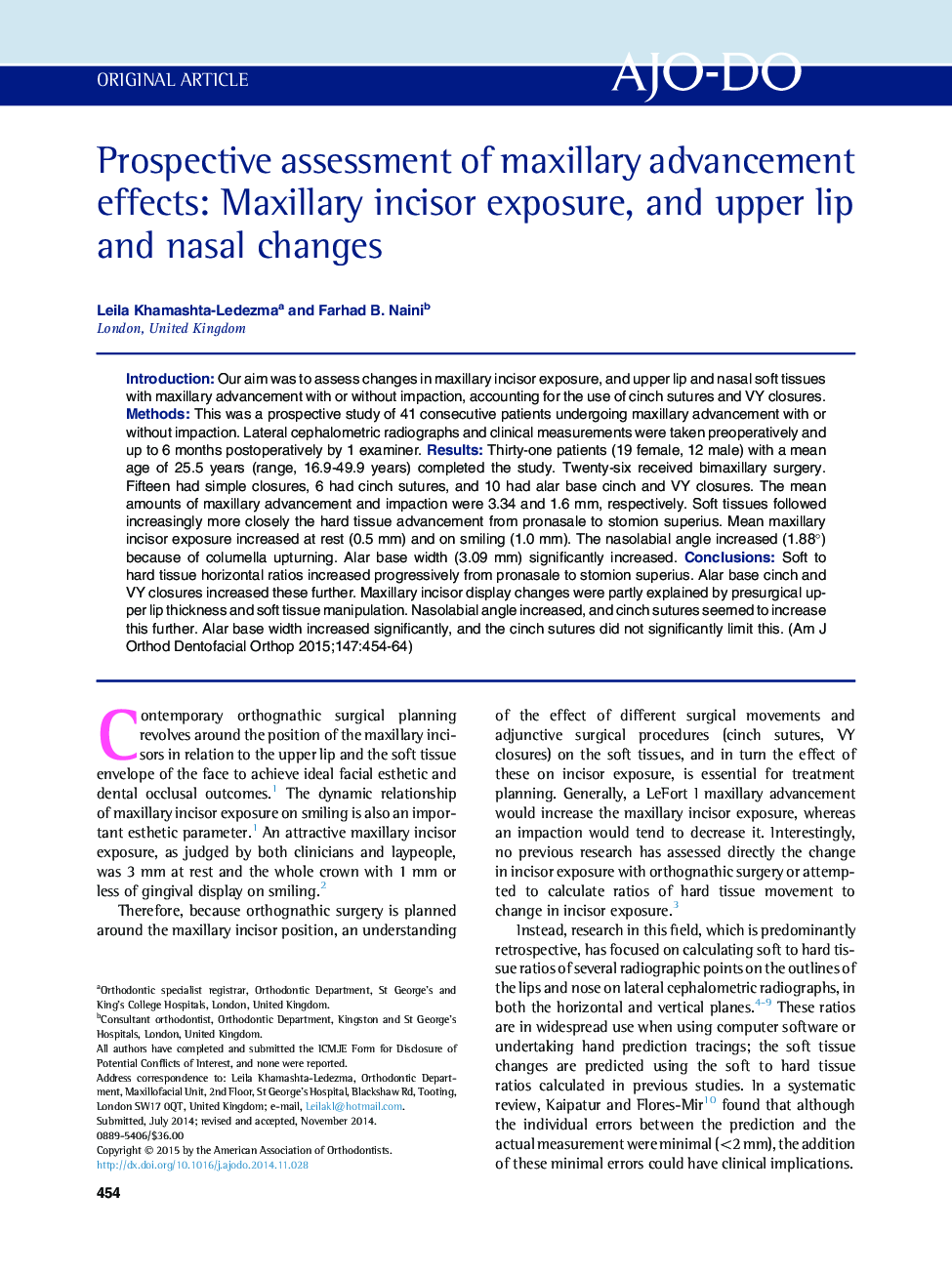 Prospective assessment of maxillary advancement effects: Maxillary incisor exposure, and upper lip and nasal changes 