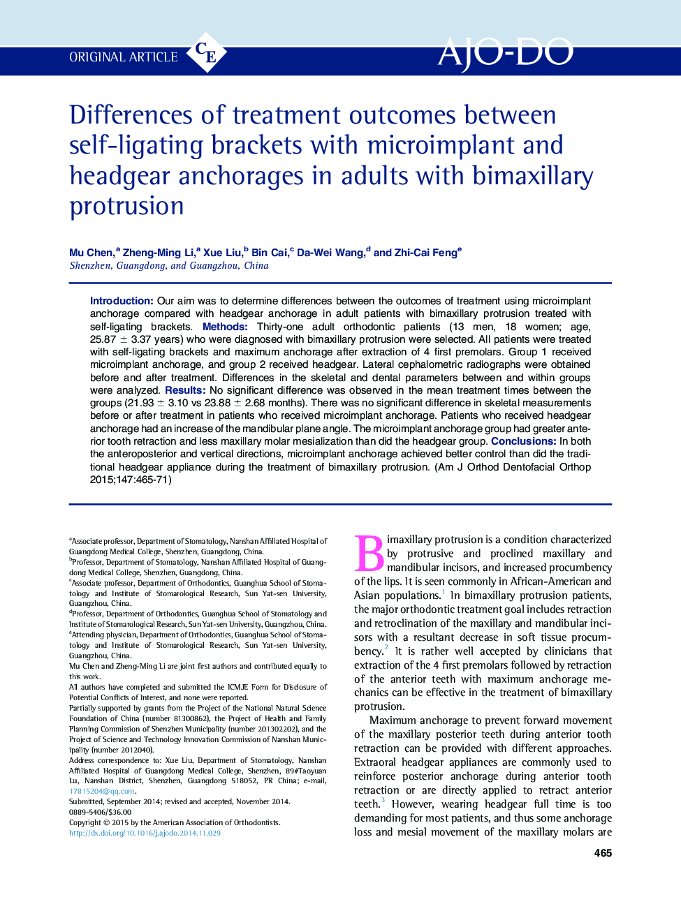 Differences of treatment outcomes between self-ligating brackets with microimplant and headgear anchorages in adults with bimaxillary protrusion 