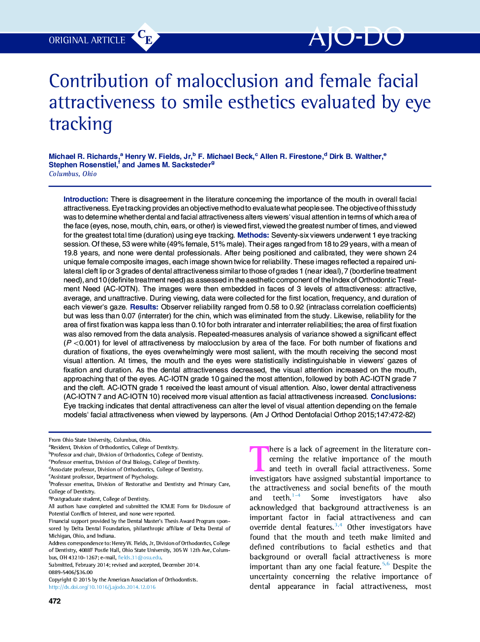 Contribution of malocclusion and female facial attractiveness to smile esthetics evaluated by eye tracking 