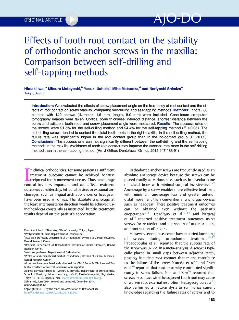 Effects of tooth root contact on the stability of orthodontic anchor screws in the maxilla: Comparison between self-drilling and self-tapping methods 