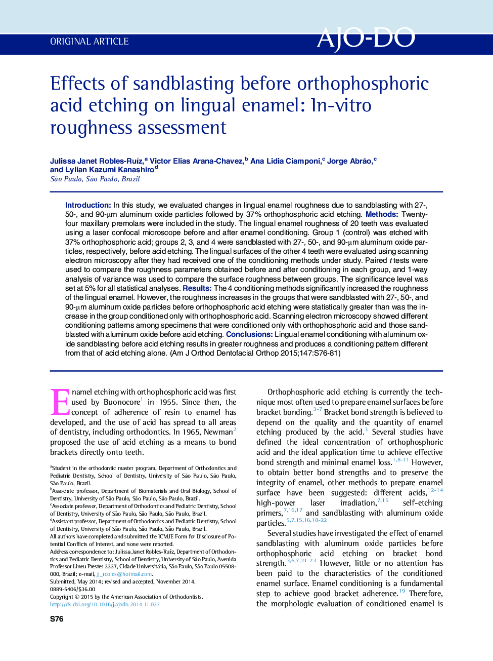 Effects of sandblasting before orthophosphoric acid etching on lingual enamel: In-vitro roughness assessment 