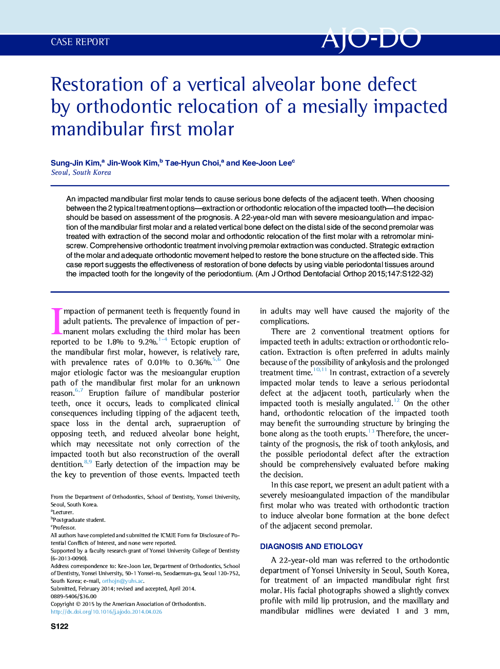 Restoration of a vertical alveolar bone defect by orthodontic relocation of a mesially impacted mandibular first molar 