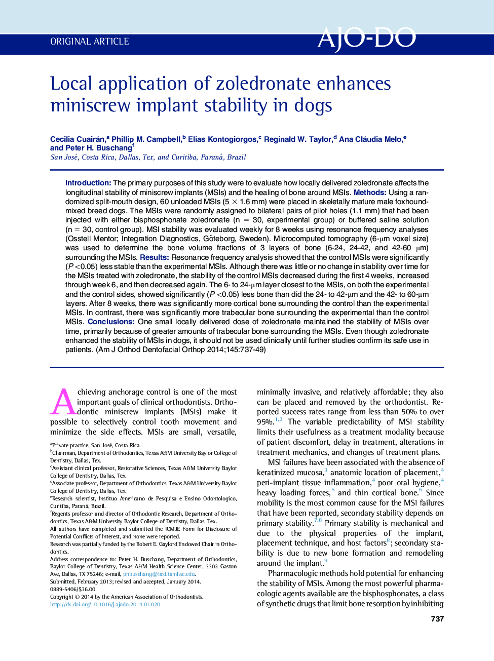 Local application of zoledronate enhances miniscrew implant stability in dogs 