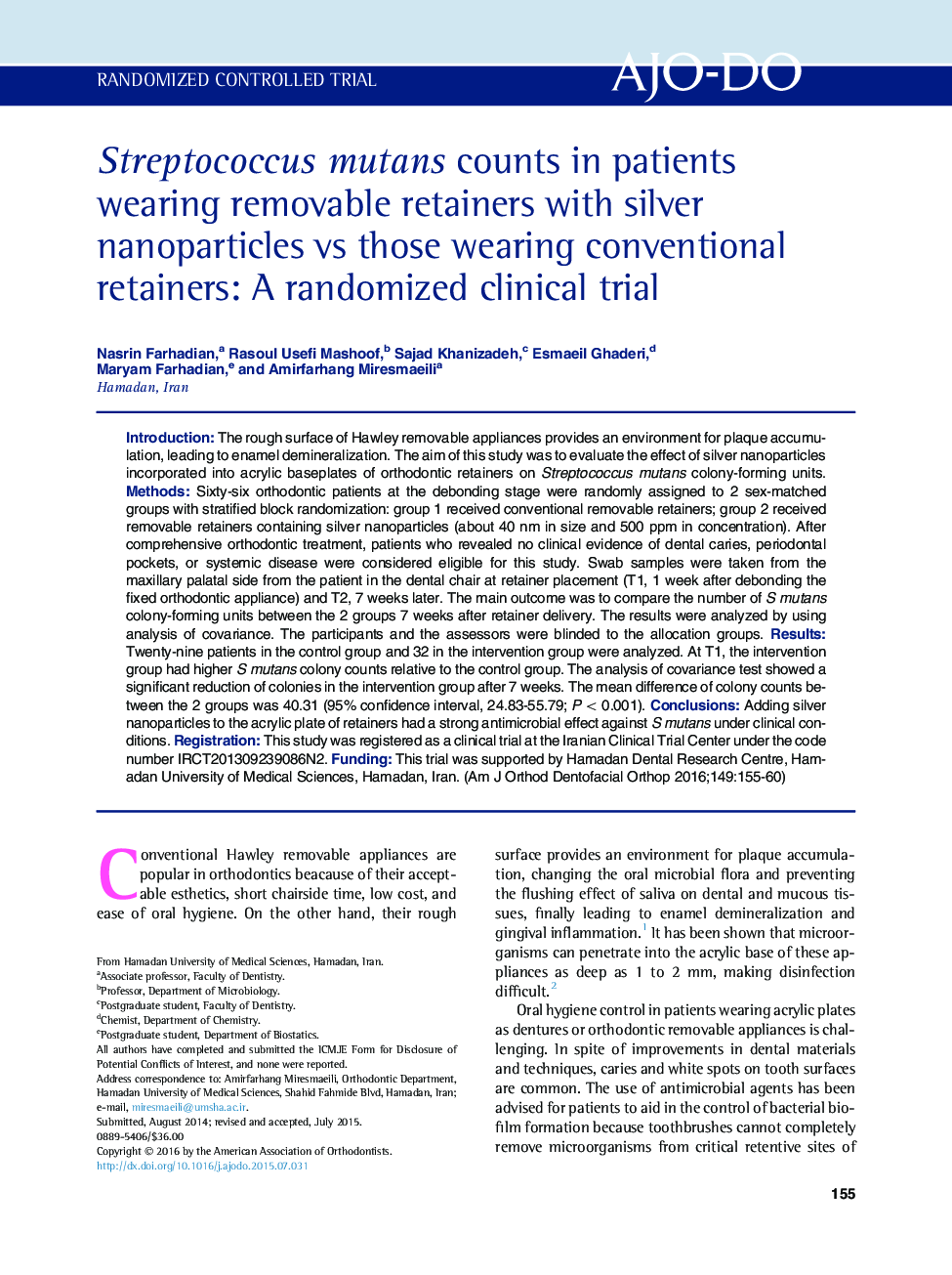 Streptococcus mutans counts in patients wearing removable retainers with silver nanoparticles vs those wearing conventional retainers: A randomized clinical trial 