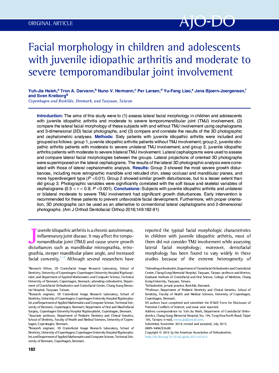 Facial morphology in children and adolescents with juvenile idiopathic arthritis and moderate to severe temporomandibular joint involvement 