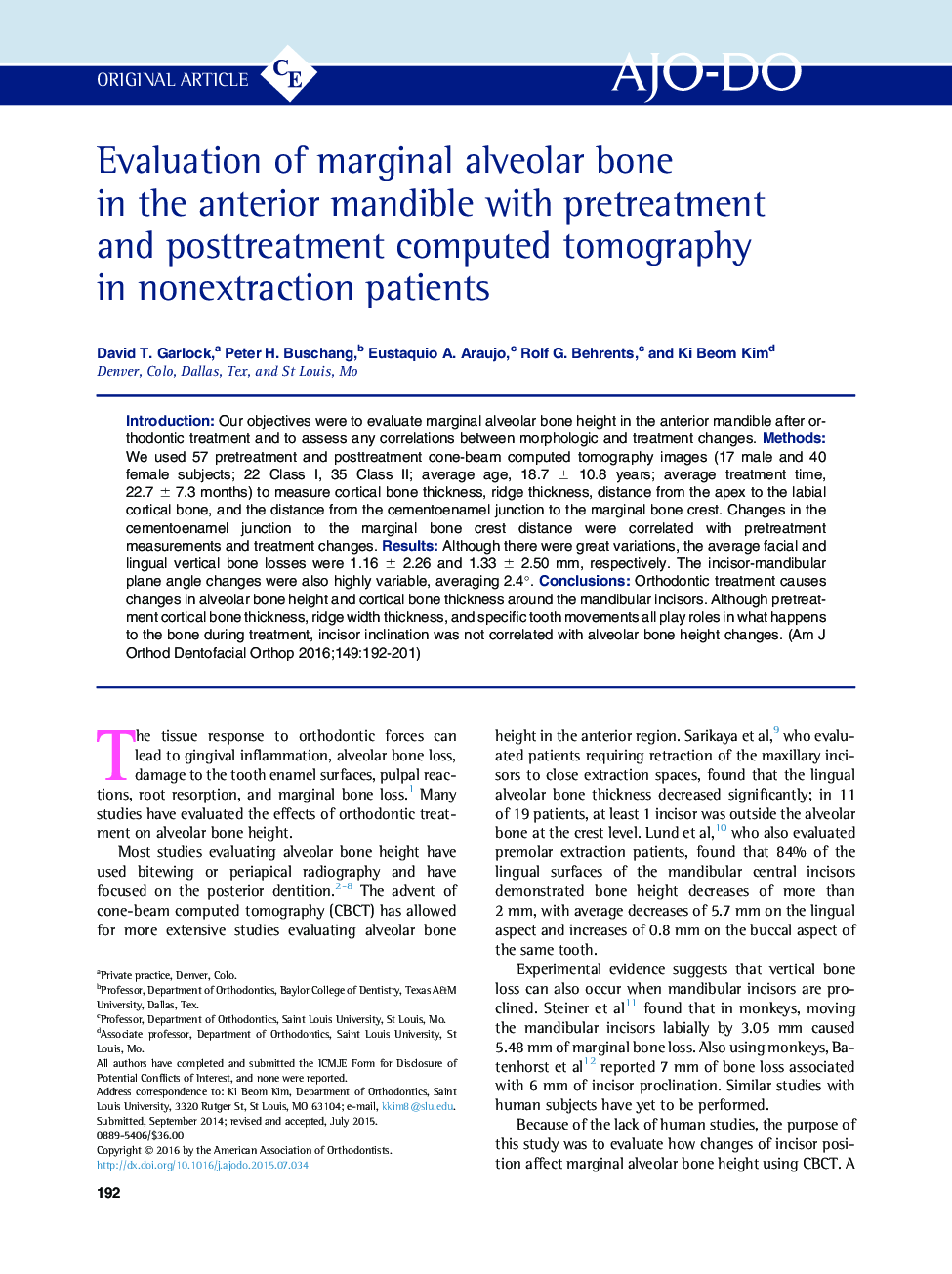 Evaluation of marginal alveolar bone in the anterior mandible with pretreatment and posttreatment computed tomography in nonextraction patients 