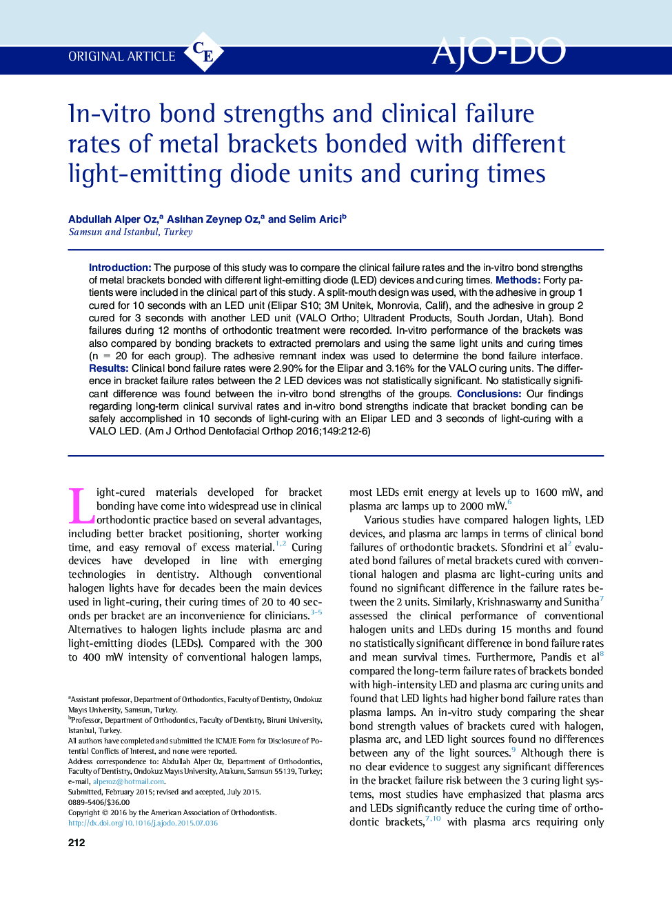 In-vitro bond strengths and clinical failure rates of metal brackets bonded with different light-emitting diode units and curing times 