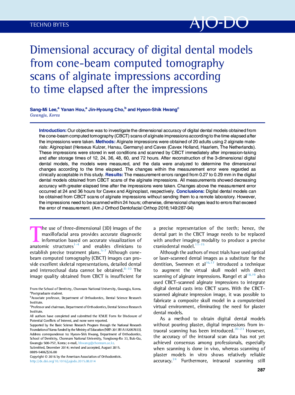 Dimensional accuracy of digital dental models from cone-beam computed tomography scans of alginate impressions according to time elapsed after the impressions 