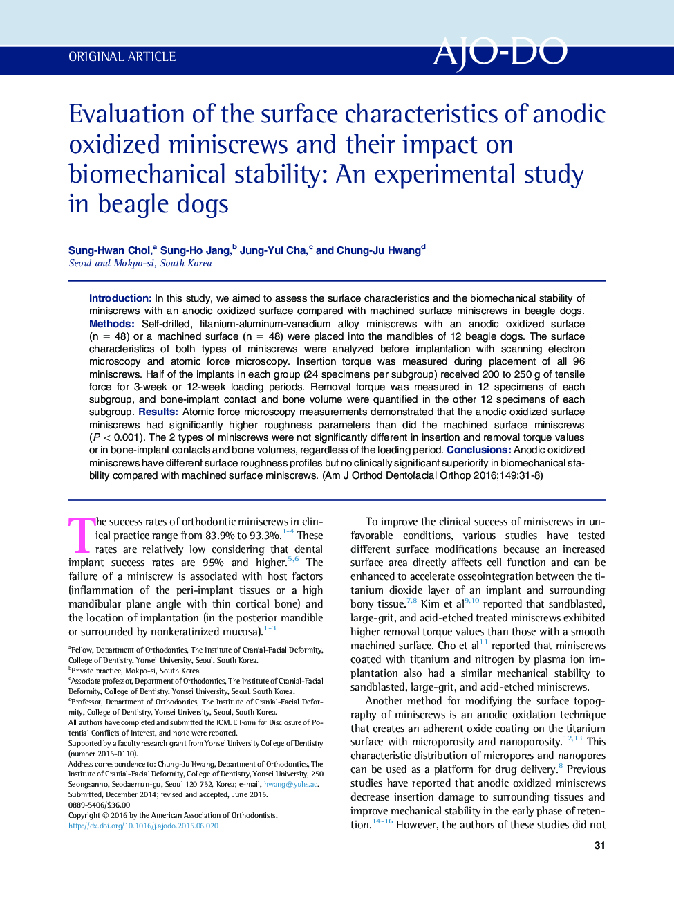 Evaluation of the surface characteristics of anodic oxidized miniscrews and their impact on biomechanical stability: An experimental study in beagle dogs 