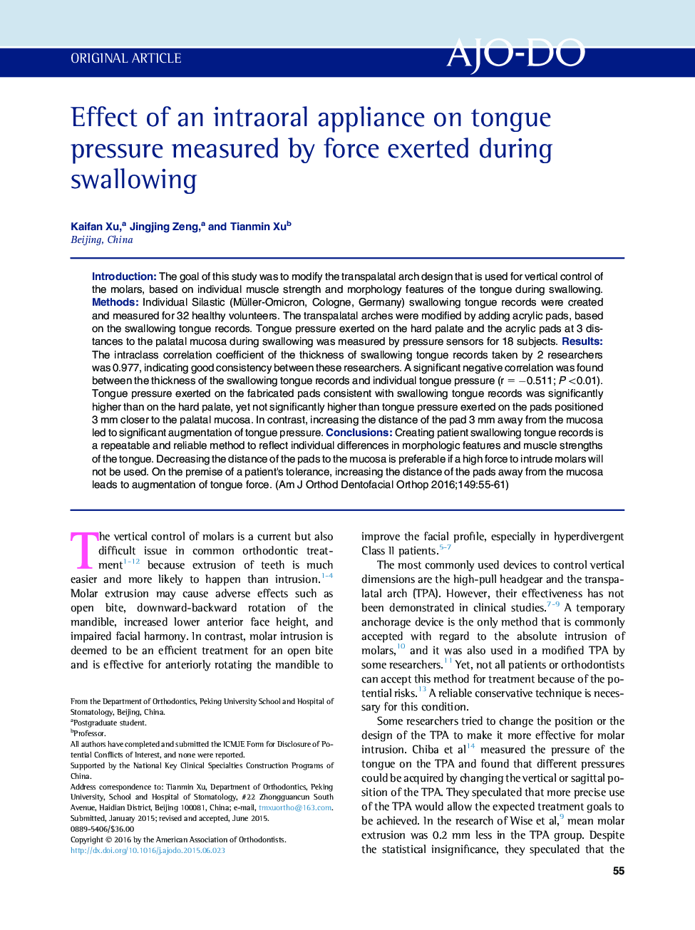 Effect of an intraoral appliance on tongue pressure measured by force exerted during swallowing 