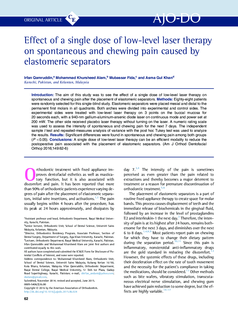 Effect of a single dose of low-level laser therapy on spontaneous and chewing pain caused by elastomeric separators 