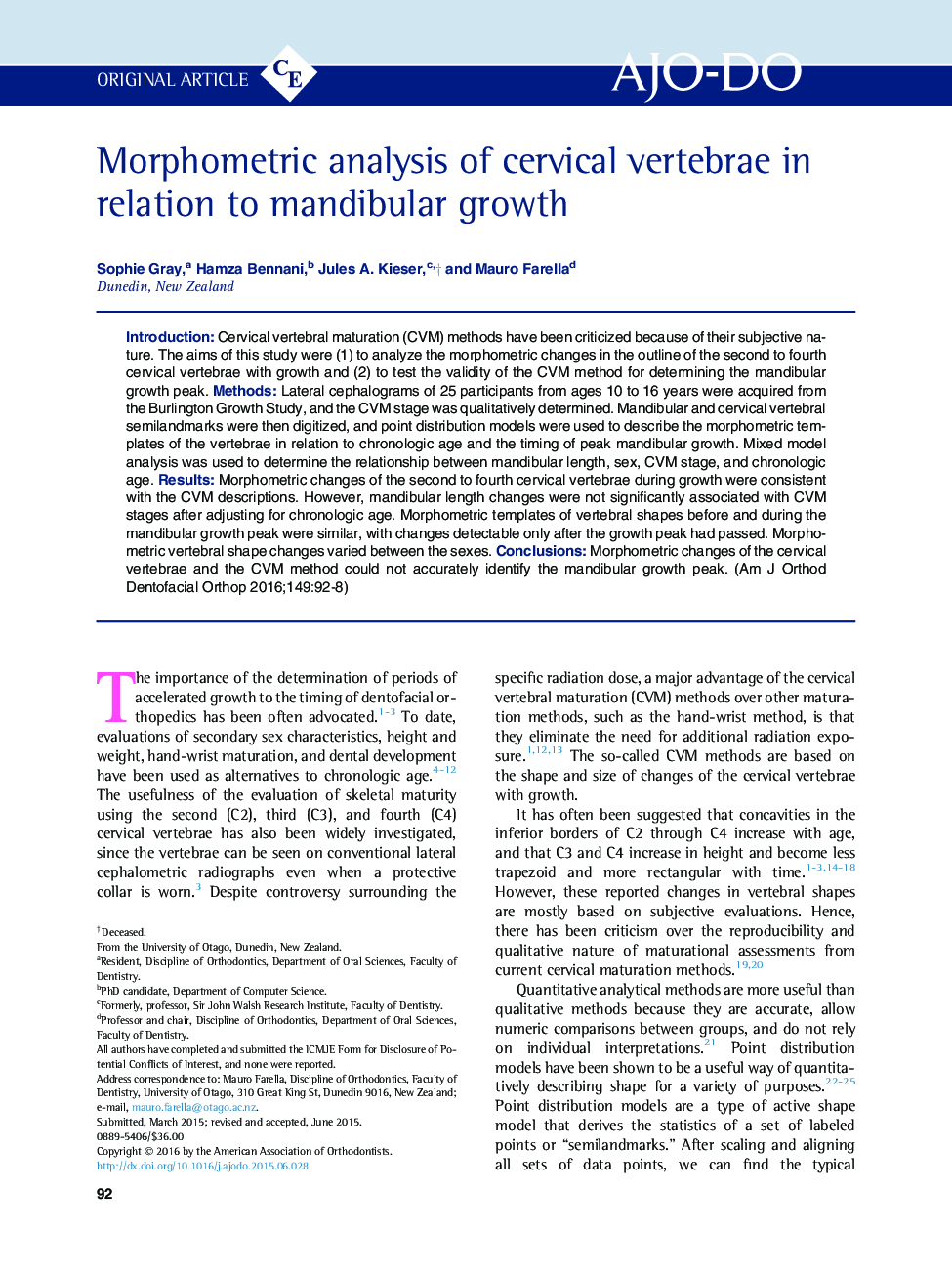 Morphometric analysis of cervical vertebrae in relation to mandibular growth 