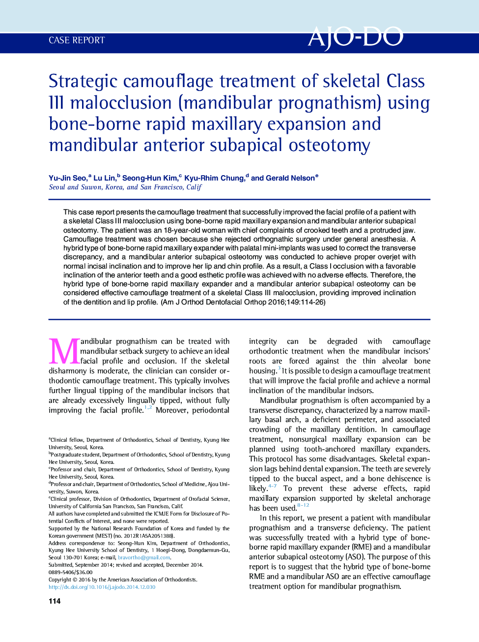 Strategic camouflage treatment of skeletal Class III malocclusion (mandibular prognathism) using bone-borne rapid maxillary expansion and mandibular anterior subapical osteotomy 