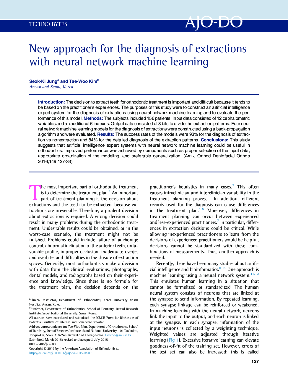 New approach for the diagnosis of extractions with neural network machine learning 