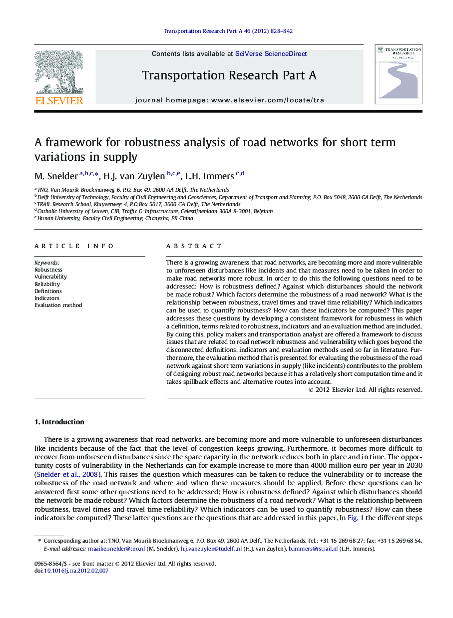 A framework for robustness analysis of road networks for short term variations in supply