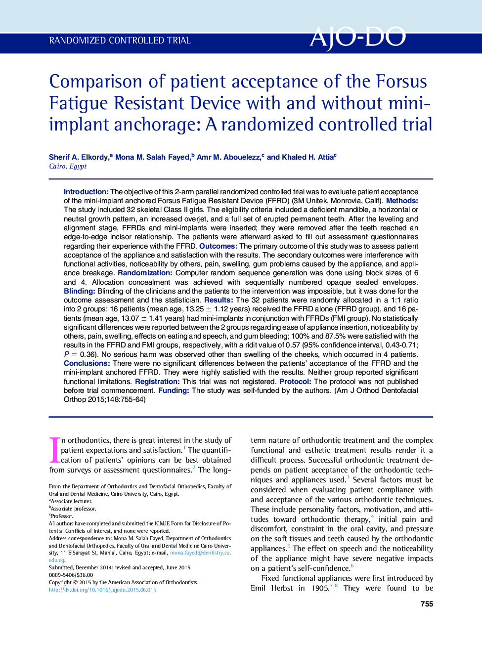 Comparison of patient acceptance of the Forsus Fatigue Resistant Device with and without mini-implant anchorage: A randomized controlled trial 