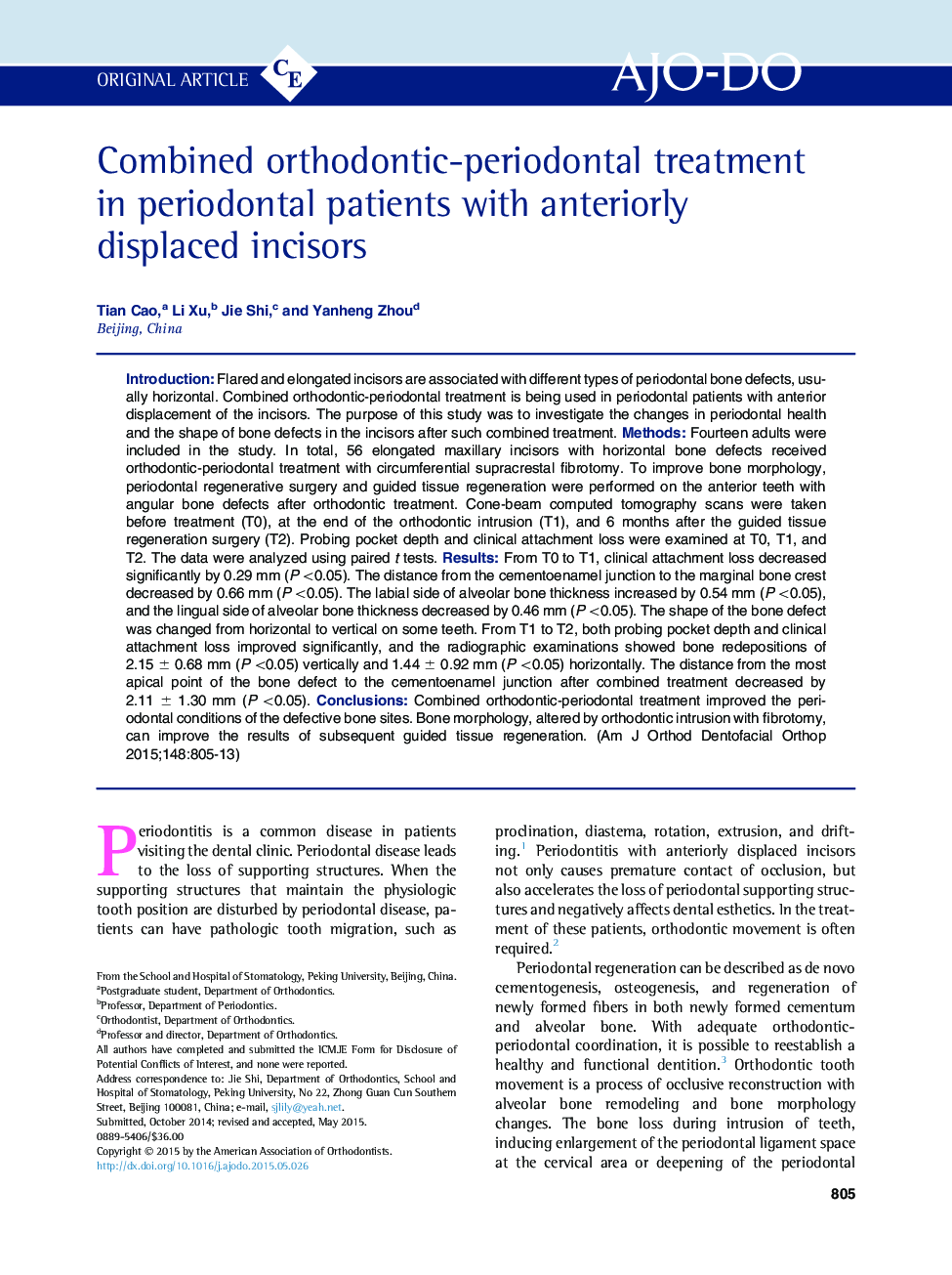 Combined orthodontic-periodontal treatment in periodontal patients with anteriorly displaced incisors 