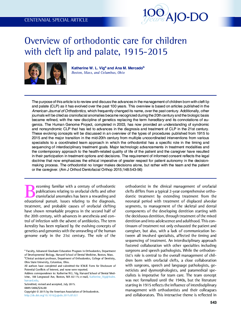 Overview of orthodontic care for children with cleft lip and palate, 1915-2015 
