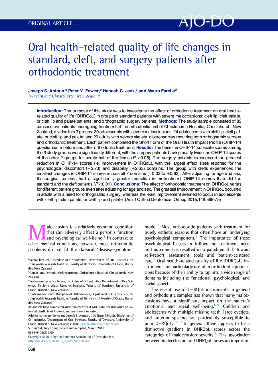 Oral health–related quality of life changes in standard, cleft, and surgery patients after orthodontic treatment 