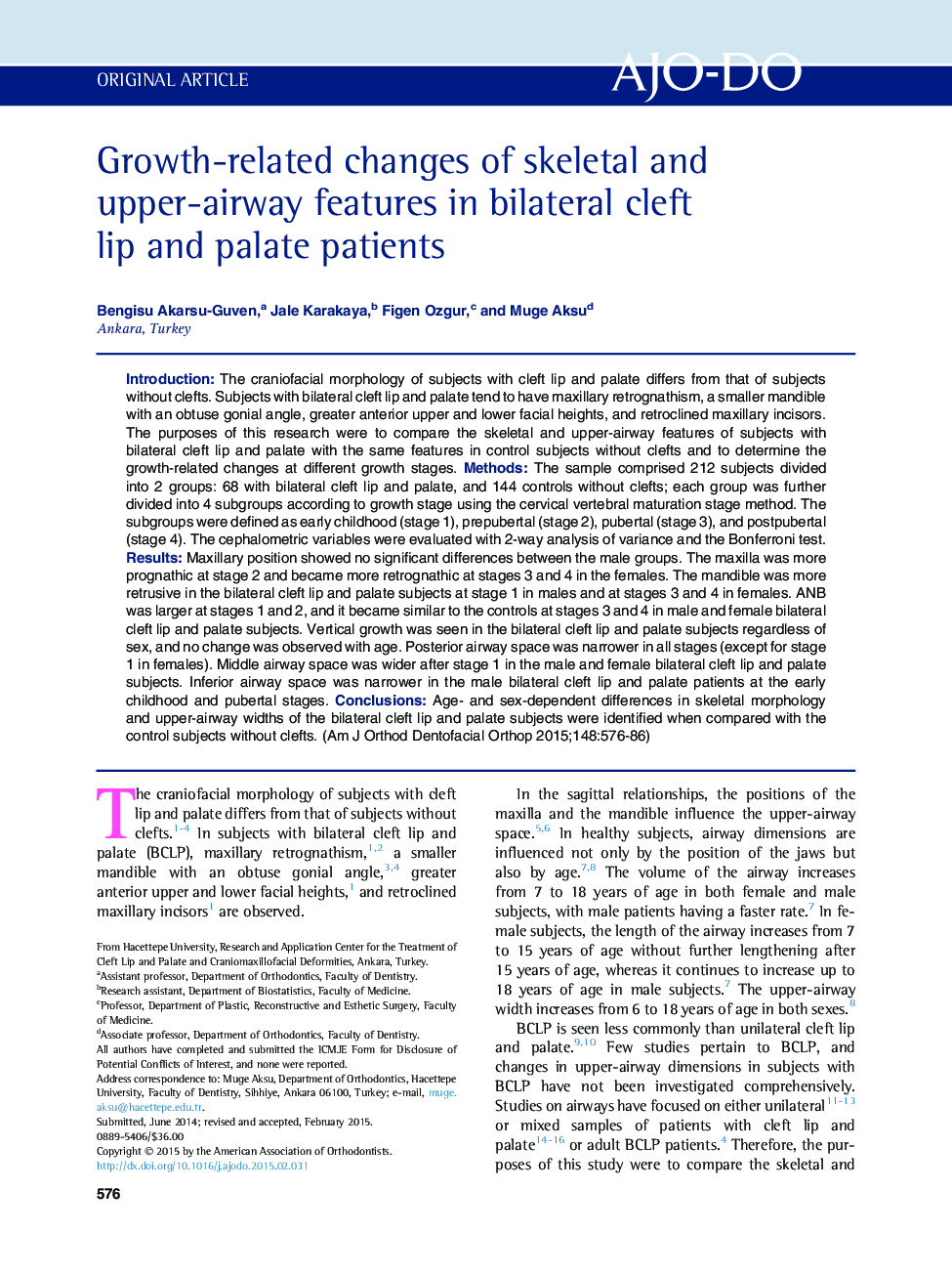 Growth-related changes of skeletal and upper-airway features in bilateral cleft lip and palate patients 