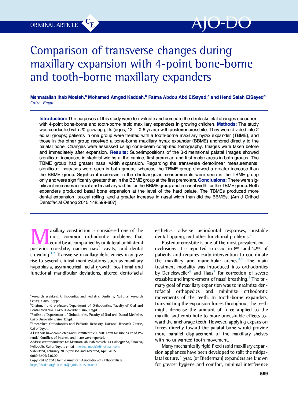 Comparison of transverse changes during maxillary expansion with 4-point bone-borne and tooth-borne maxillary expanders 