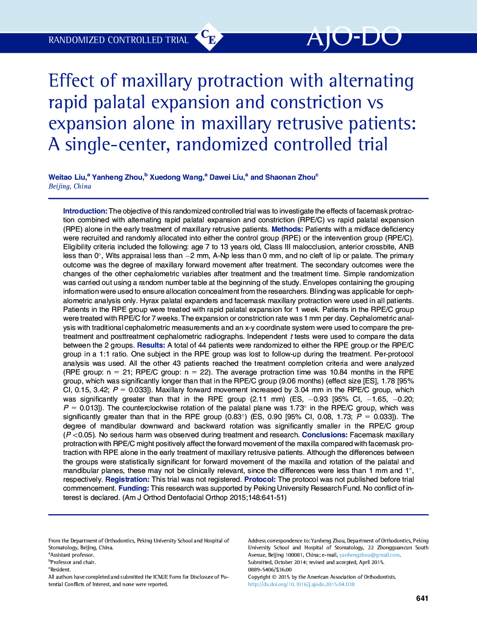 Effect of maxillary protraction with alternating rapid palatal expansion and constriction vs expansion alone in maxillary retrusive patients: A single-center, randomized controlled trial 