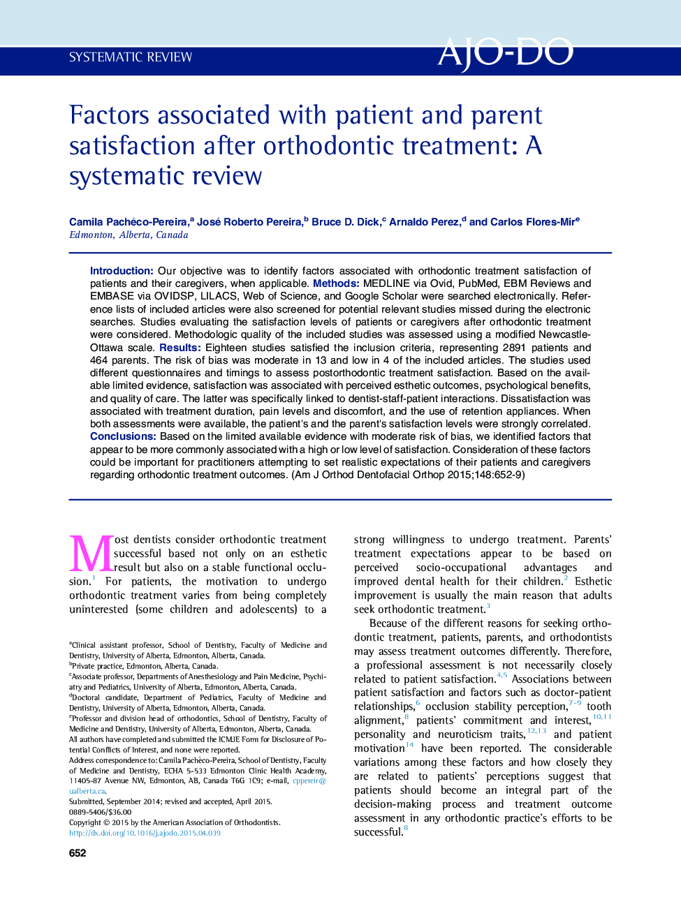 Factors associated with patient and parent satisfaction after orthodontic treatment: A systematic review 