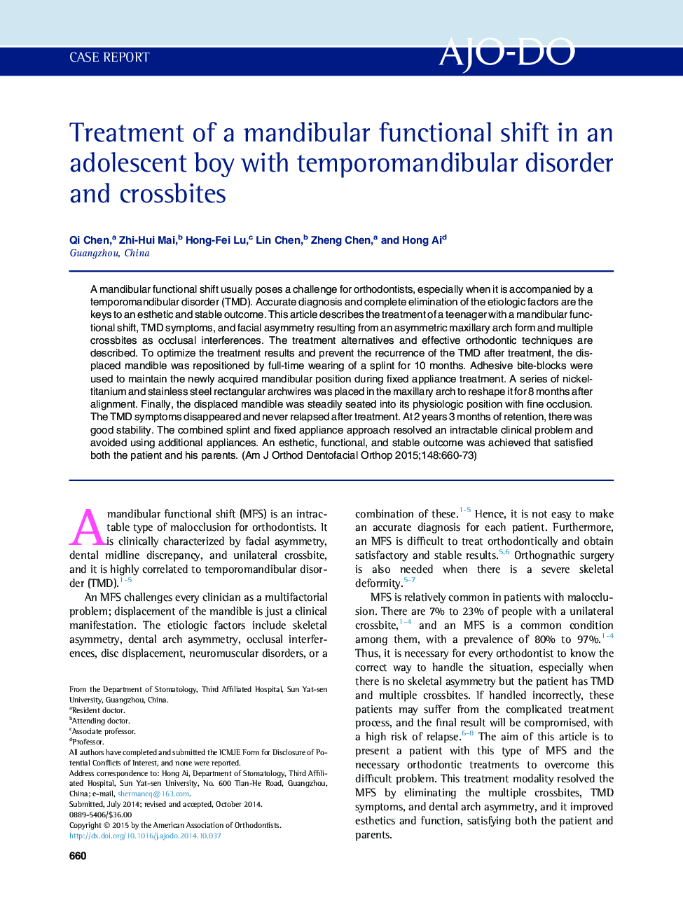 Treatment of a mandibular functional shift in an adolescent boy with temporomandibular disorder and crossbites 