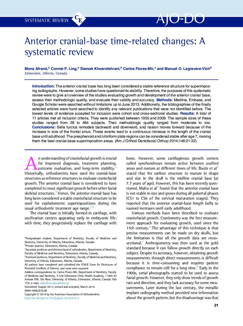 Anterior cranial-base time-related changes: A systematic review