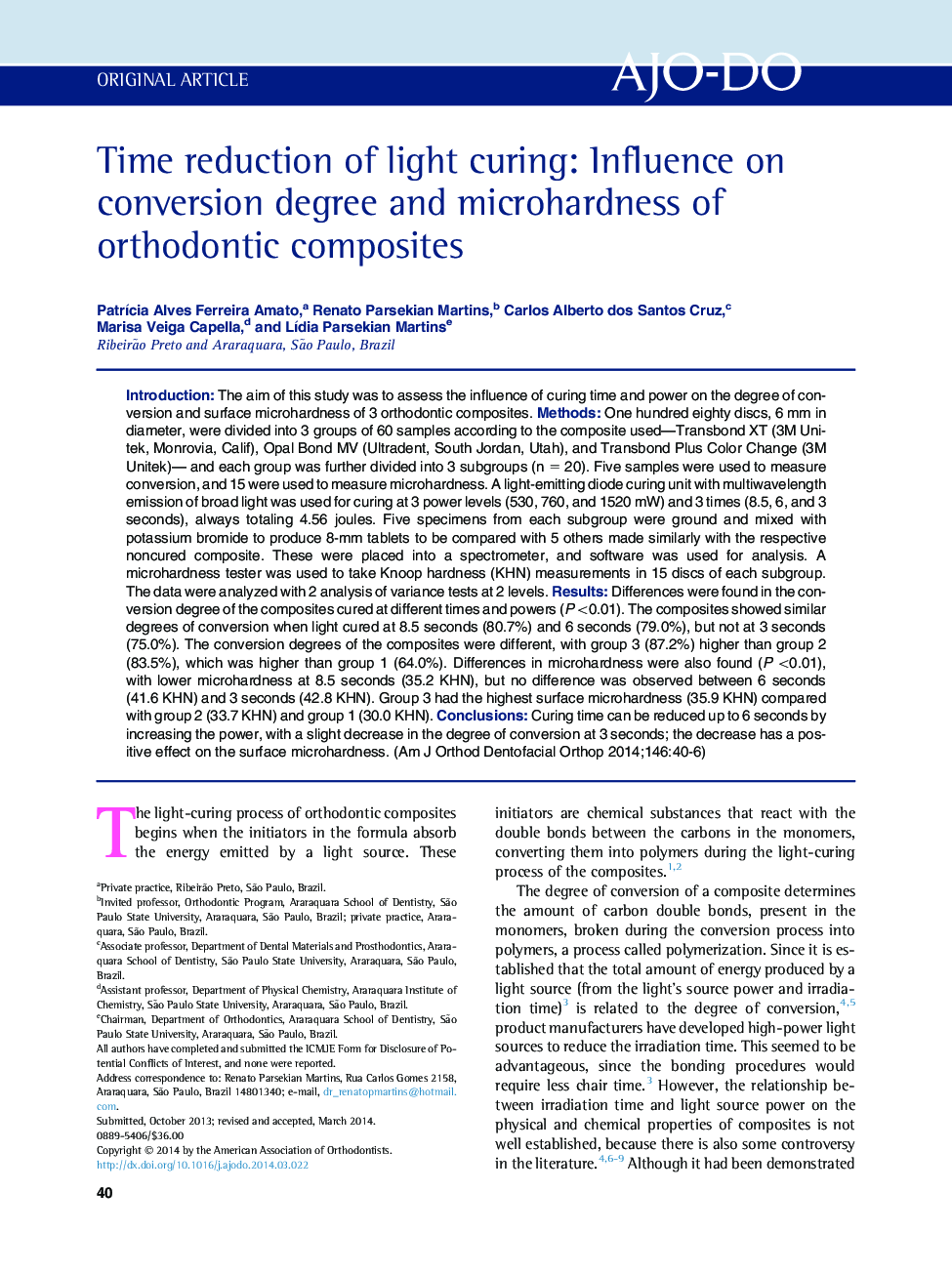 Time reduction of light curing: Influence on conversion degree and microhardness of orthodontic composites 