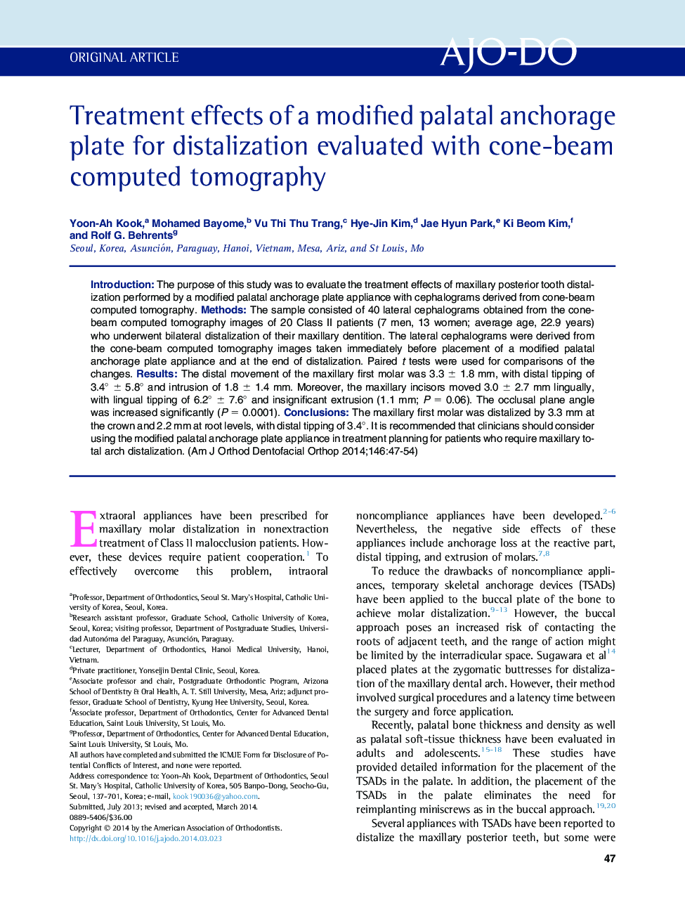 Treatment effects of a modified palatal anchorage plate for distalization evaluated with cone-beam computed tomography 