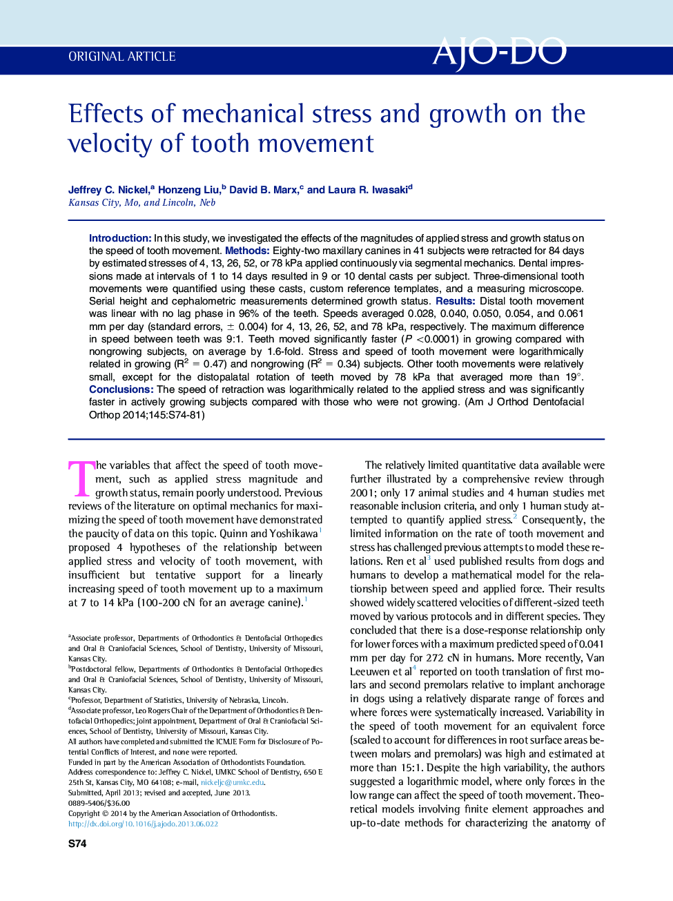 Effects of mechanical stress and growth on the velocity of tooth movement 