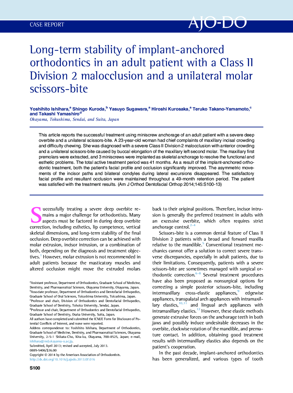 Long-term stability of implant-anchored orthodontics in an adult patient with a Class II Division 2 malocclusion and a unilateral molar scissors-bite 