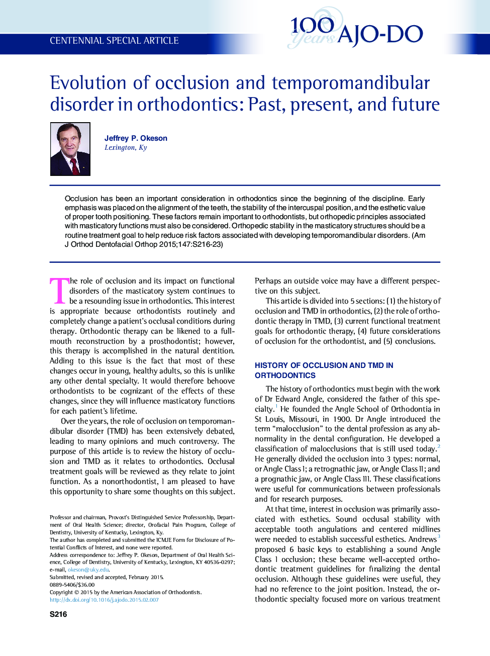 Evolution of occlusion and temporomandibular disorder in orthodontics: Past, present, and future 