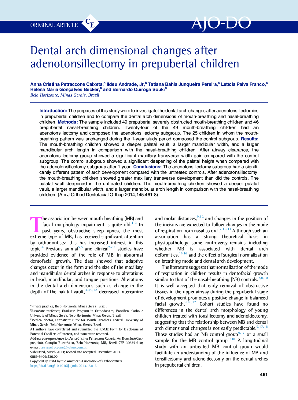 Dental arch dimensional changes after adenotonsillectomy in prepubertal children 