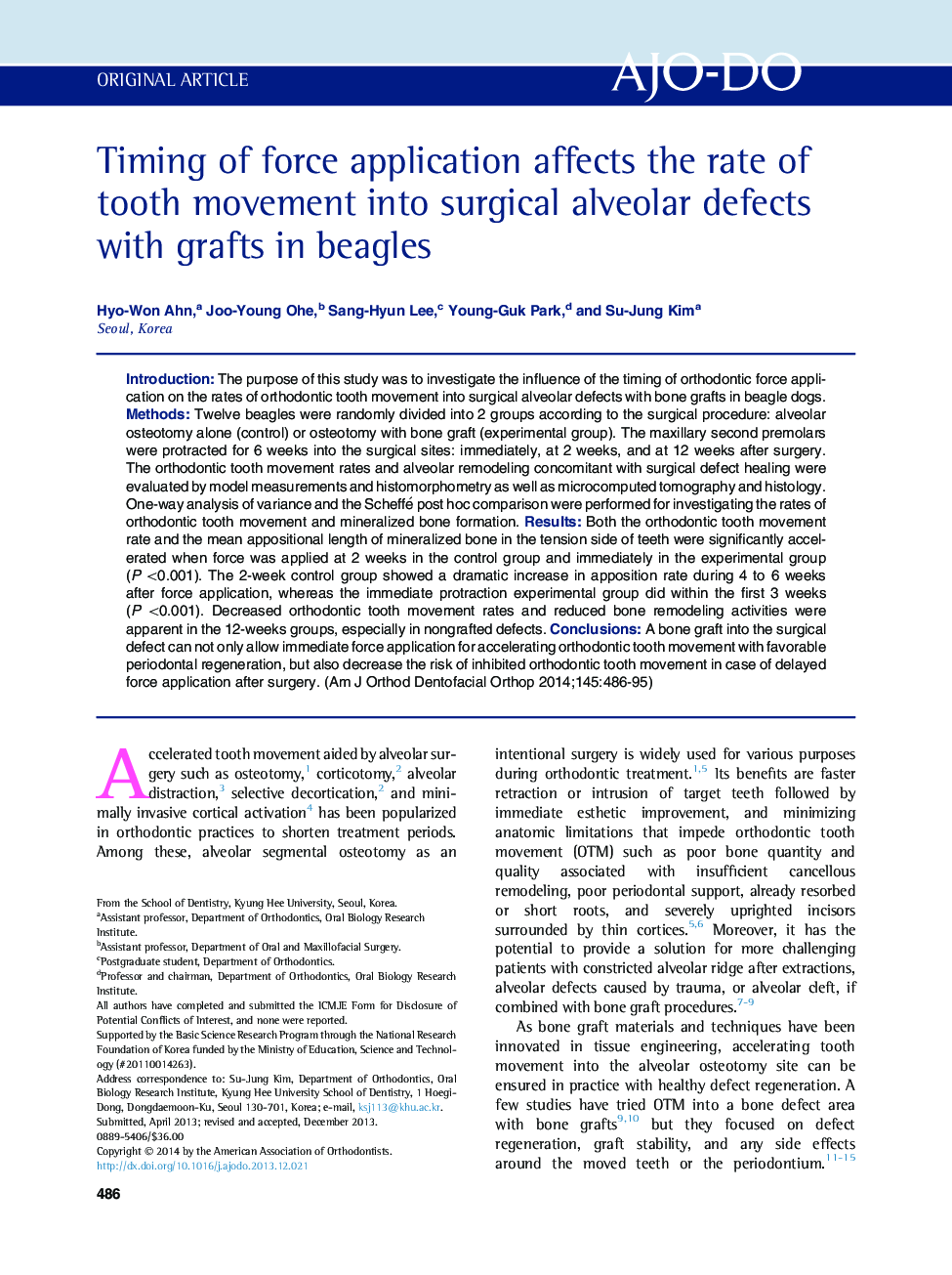 Timing of force application affects the rate of tooth movement into surgical alveolar defects with grafts in beagles 