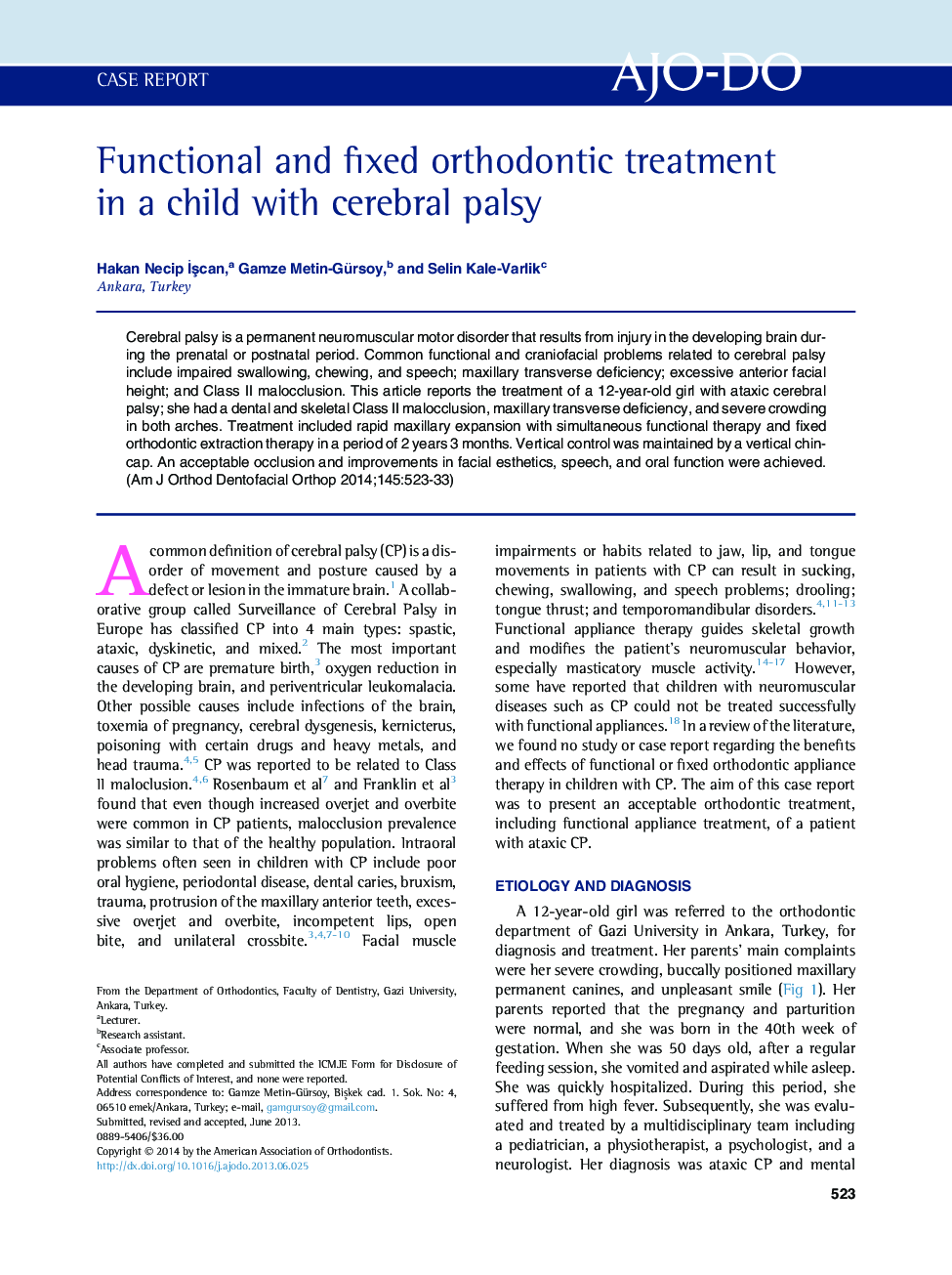 Functional and fixed orthodontic treatment in a child with cerebral palsy