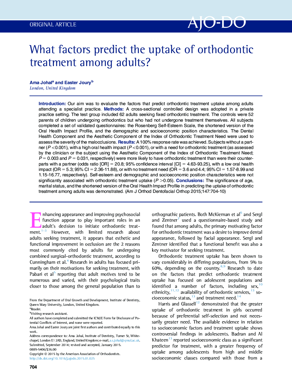 What factors predict the uptake of orthodontic treatment among adults? 