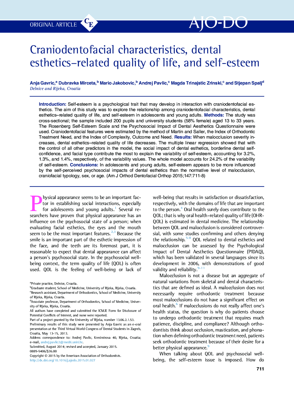 Craniodentofacial characteristics, dental esthetics–related quality of life, and self-esteem 