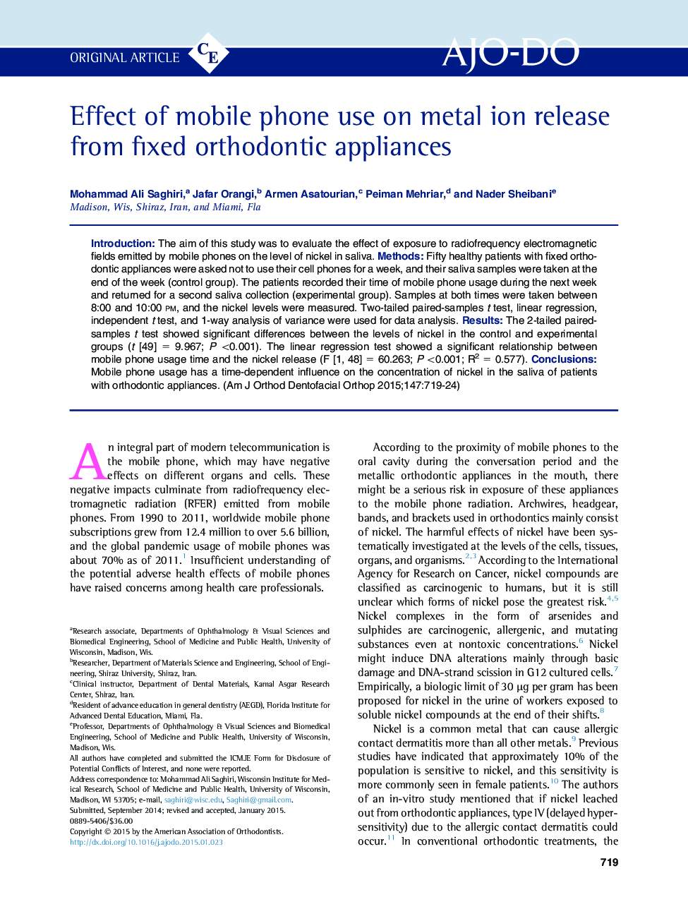 Effect of mobile phone use on metal ion release from fixed orthodontic appliances 