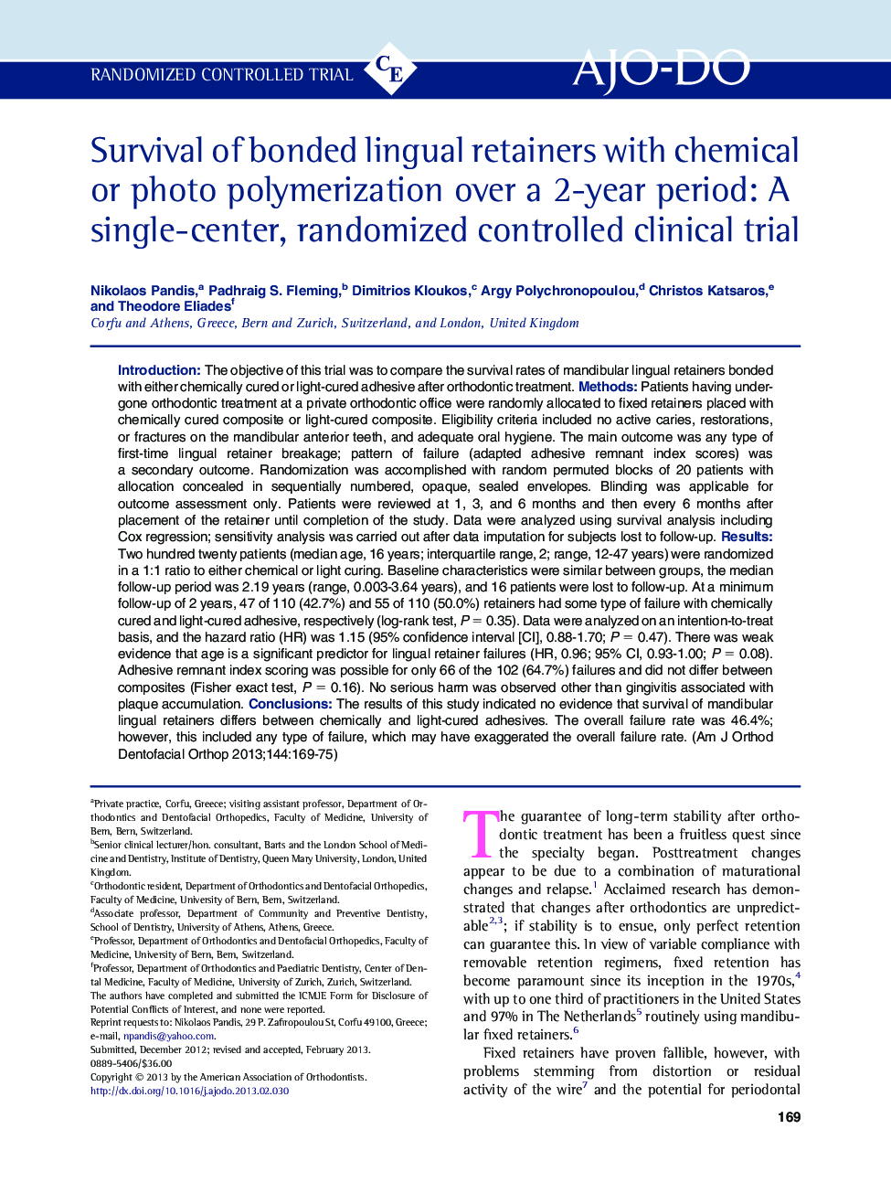 Survival of bonded lingual retainers with chemical or photo polymerization over a 2-year period: A single-center, randomized controlled clinical trial